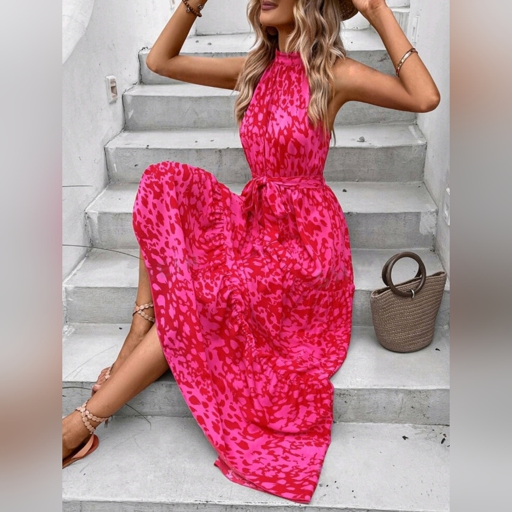 NEW Chic Dot Print Tiered Ruffle Halter Maxi Dress Red Hot Pink
